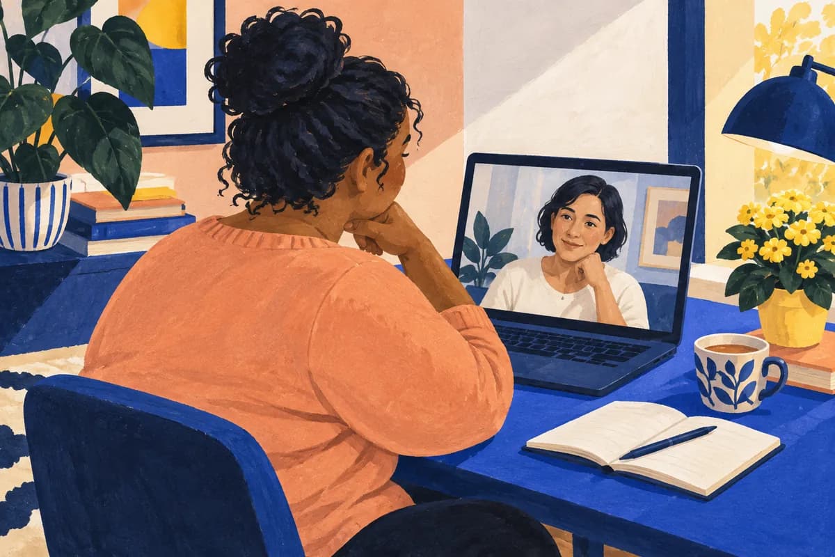 Painted illustration of an adult talking with a clinician over a laptop video call.