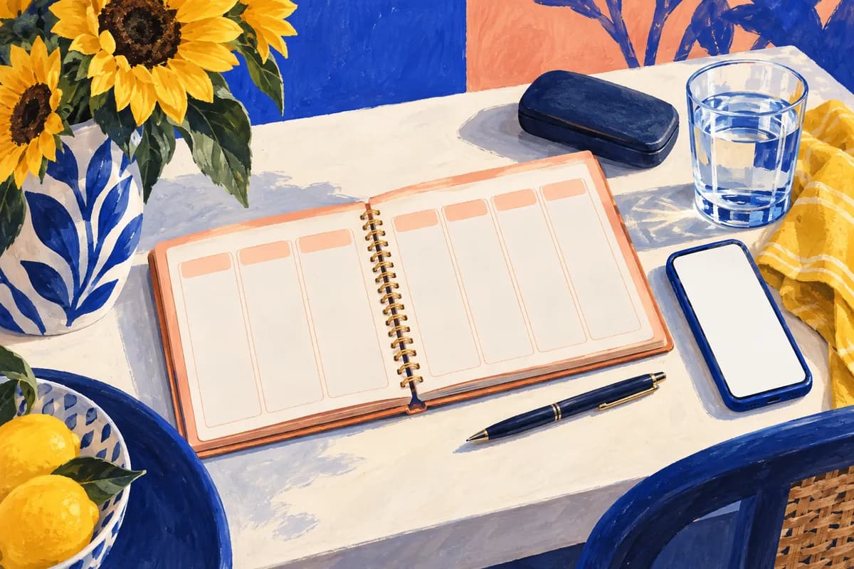 Painted illustration of a blank weekly planner, phone, pen and glass of water on a desk.