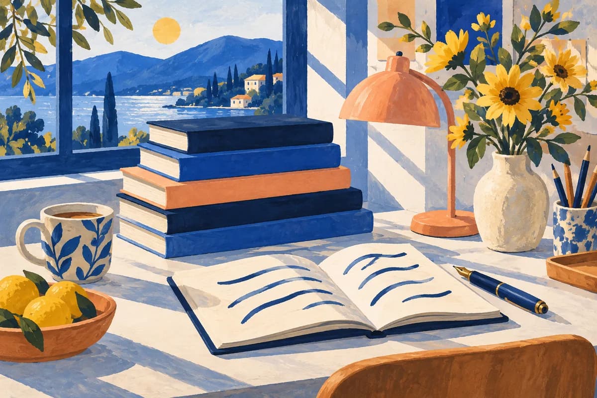 Painted illustration of books, a notebook, fountain pen and apricot lamp beside a sunny window.