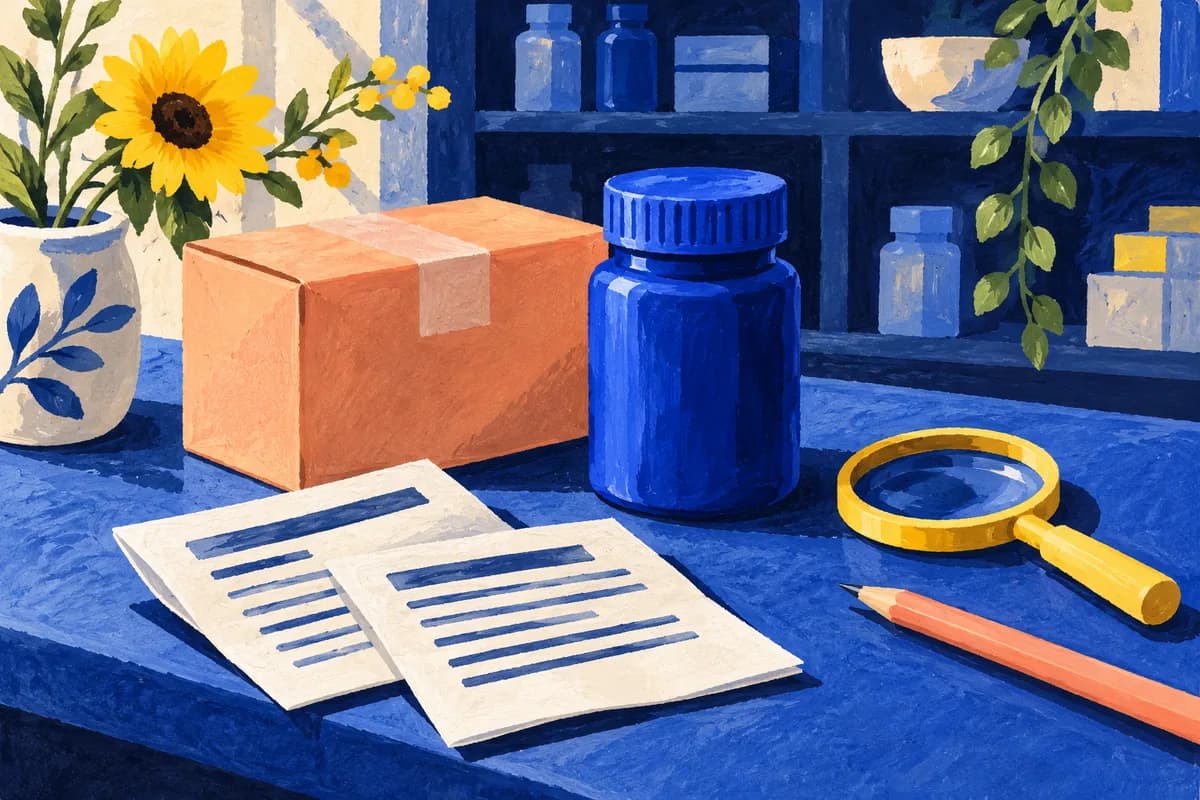 Painted concept illustration of an unbranded sealed bottle, parcel, instruction sheets and a magnifying glass.